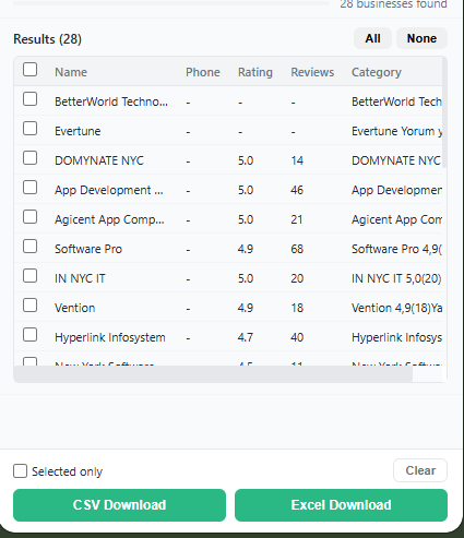 MapsScraper export menu showing CSV and Excel download options